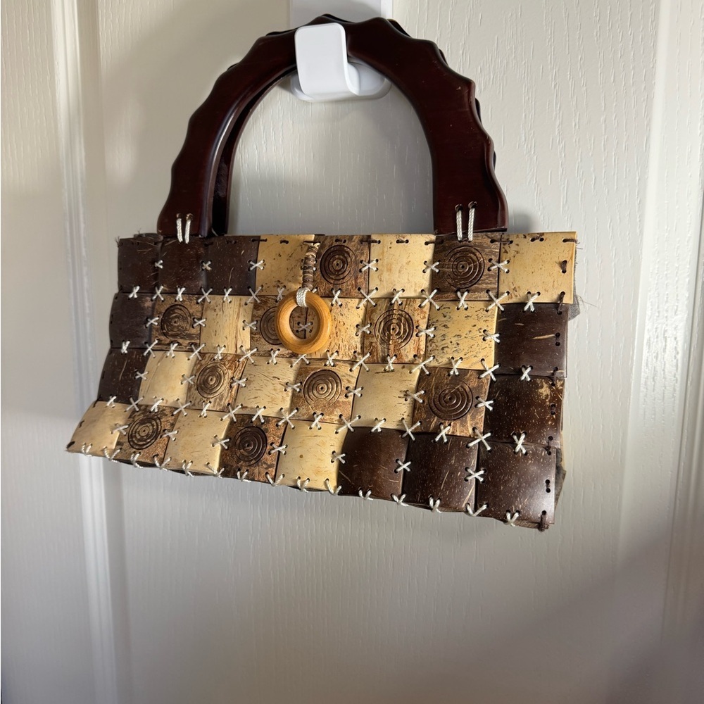 Brown & Tan Woven Handbag – Natural Coconut Shell Accents, Handmade Style